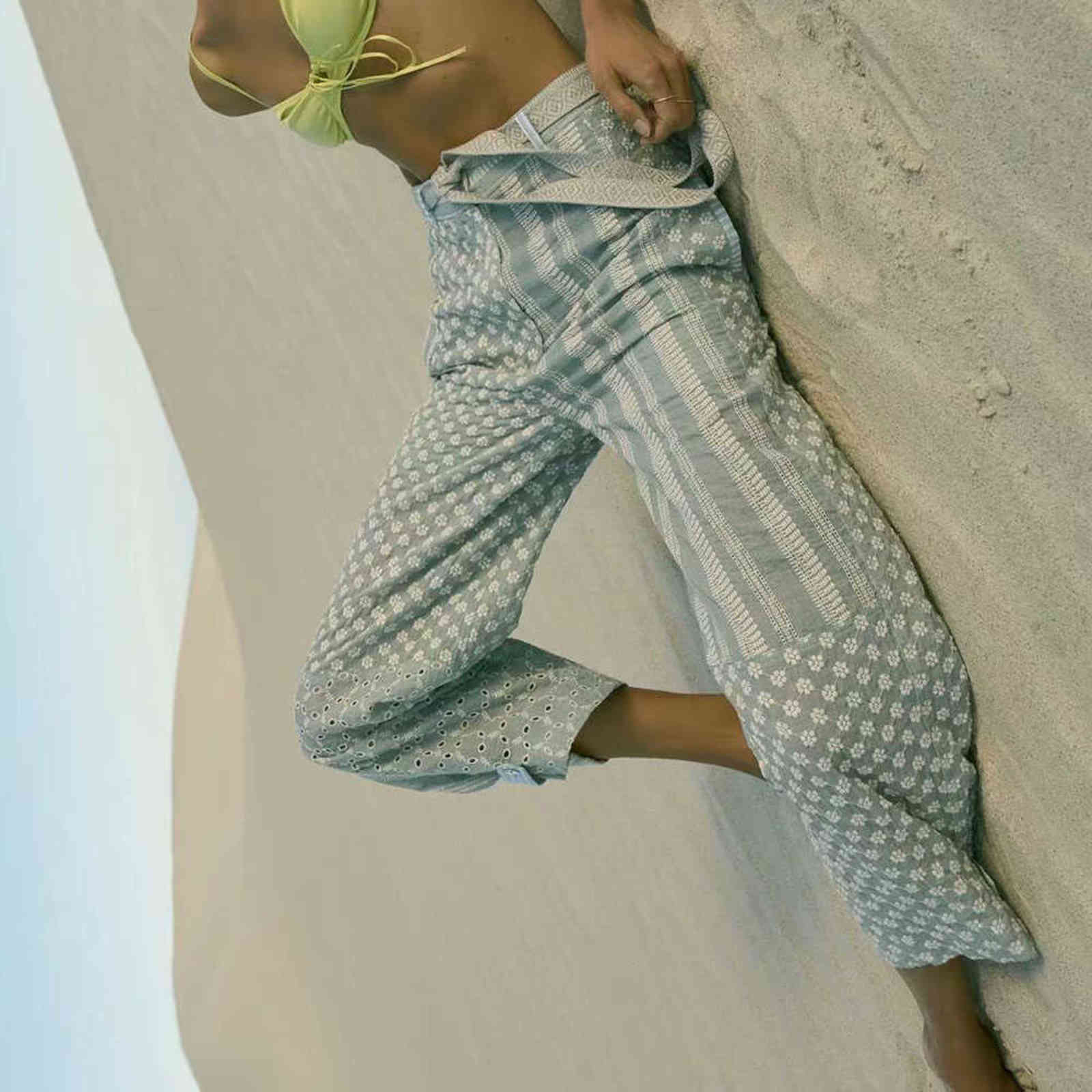 Women Summer Chic Fashion Patchwork Embroidery Wide-leg Pants Vintage High Waist Side Pockets Female Trousers Mujer 211115