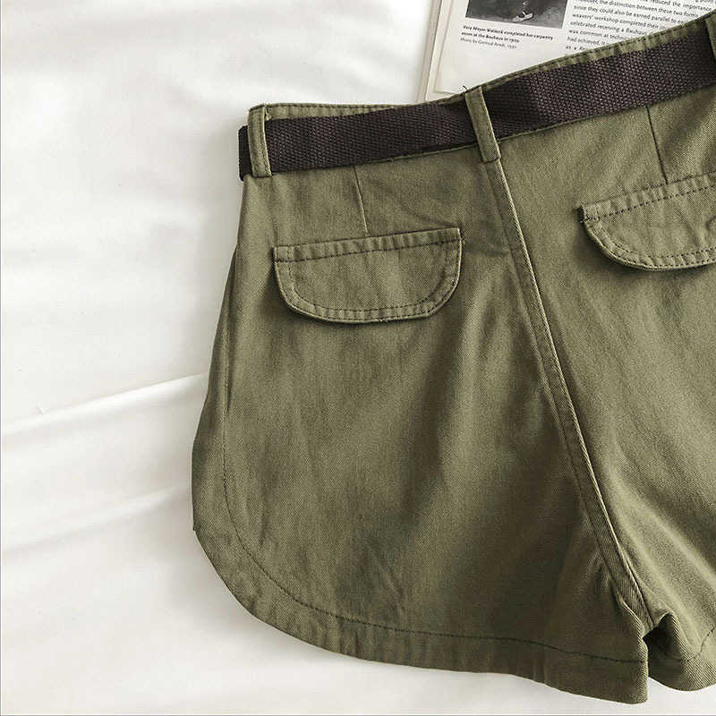 TIGENA Army Green Cotton Cargo Shorts for Women Summer Fashion Wide Leg Belt Pocket High Waist Shorts Female 210625