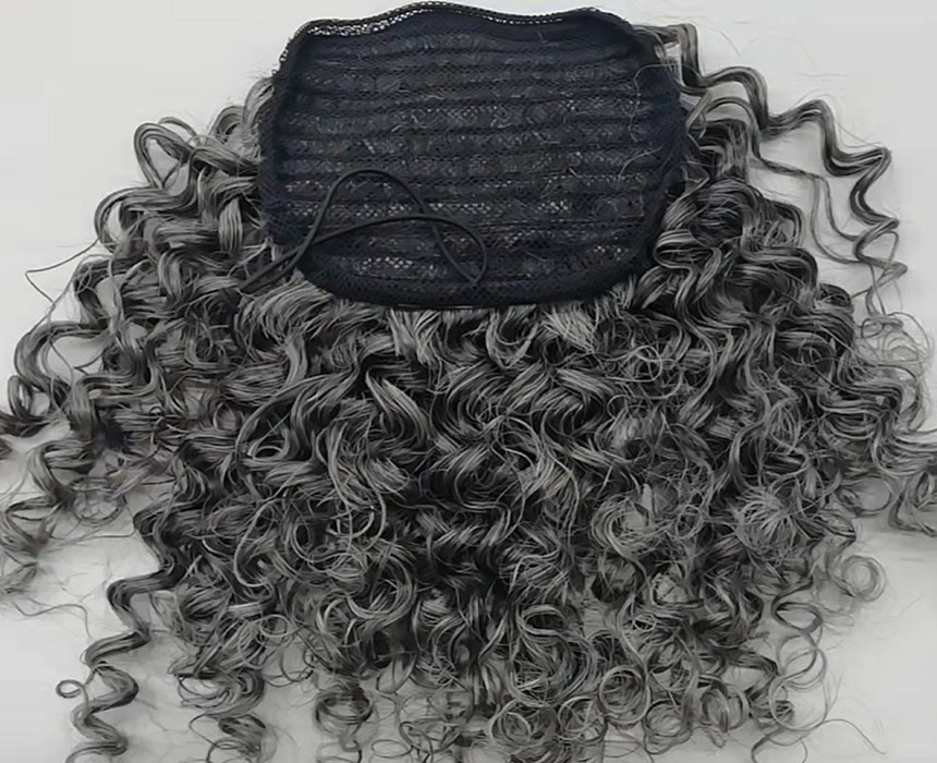 Gray Drawstring ponytail Authentic large dark grey ombre silver tips deep curl human extensions easy to fit with a elastic hair tie for most people 12