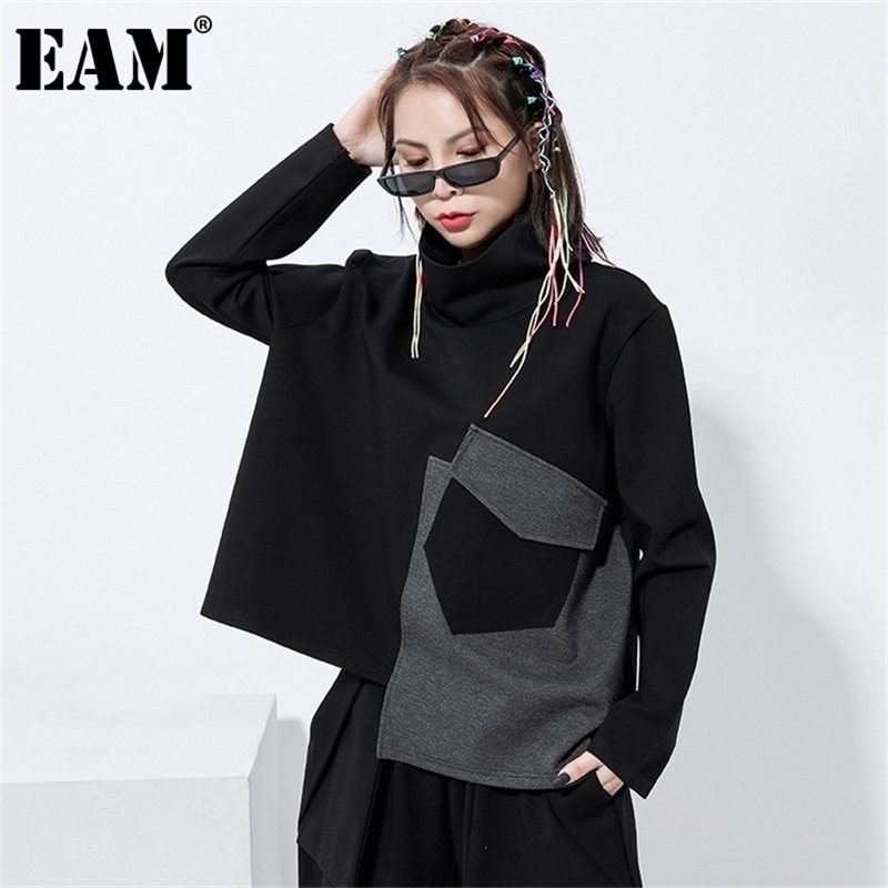 [EAM] Loose Fit Pocket Split Joint Sweatshirt New Turtleneck Long Sleeve Women Big Size Fashion Tide Spring Autumn LJ201130