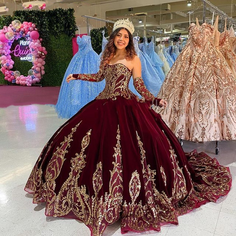 Burgundy 2021 velvet Quinceanera Dresses Bridal Gowns Sweetheart Long Sleeve gold lace Sweet 16 Dress vestidos de xv años anos