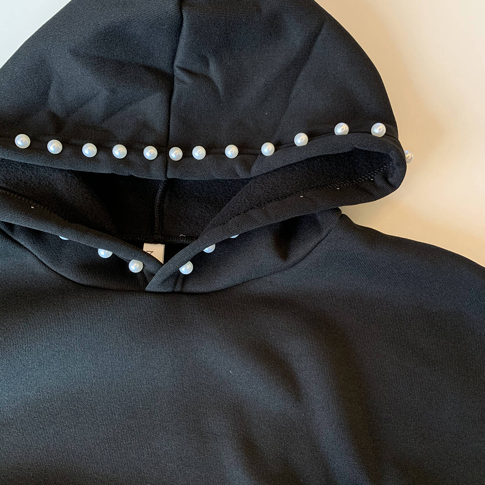 Women Solid Hoodie Autumn Spring Office Ladies Elegant Plain Beading Pullover Hooded Coat Korean Causal Tops Outwear Gray 201109