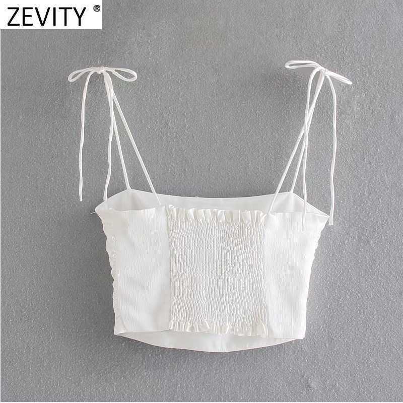 Zevity Women Spaghetti Strap Black White Color Chic Camis Tank Ladies Summer Back Elastic Pleated Short Sling Crop Tops LS9070 210625