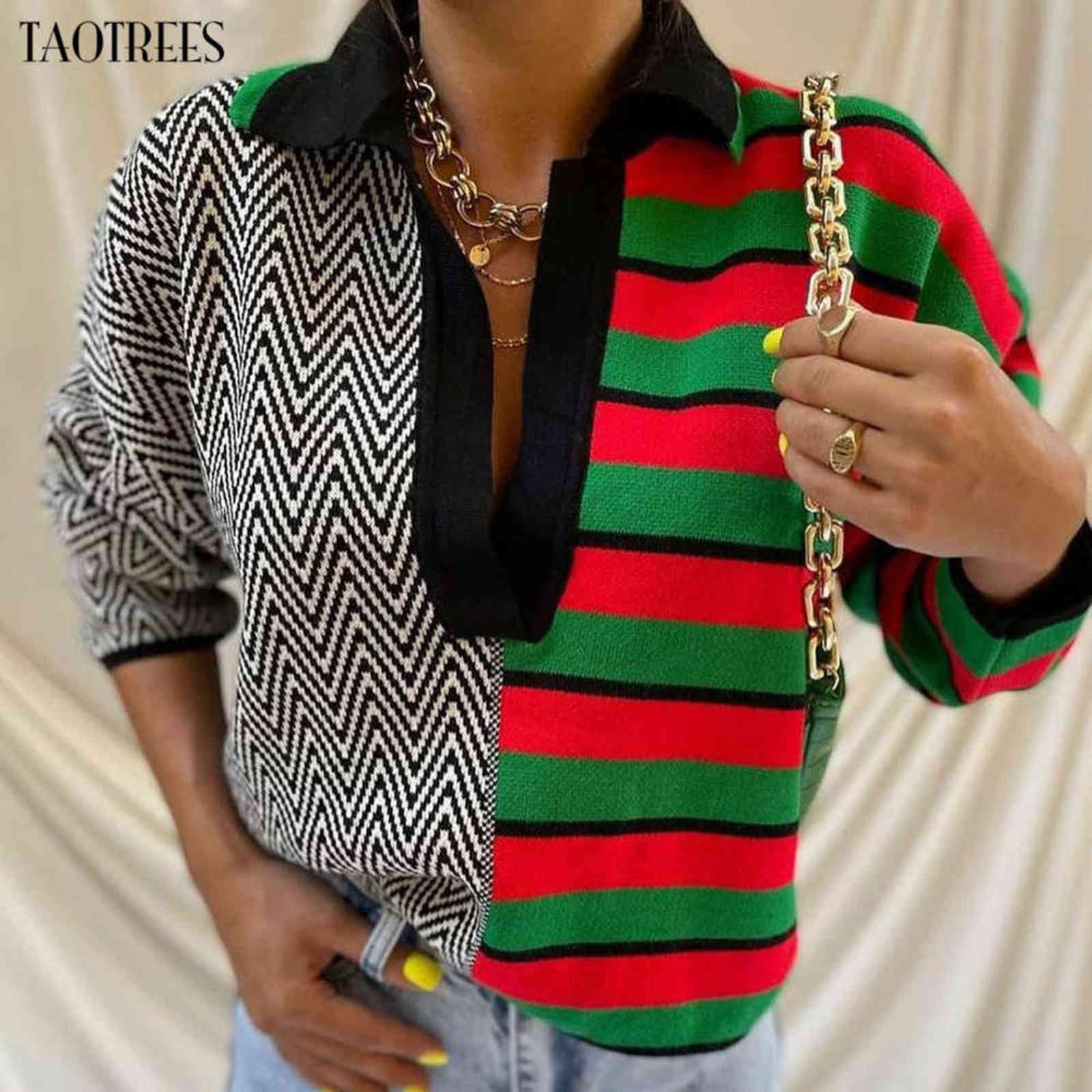 Taotrees Women's Knitwear Knitted Long Sleeve Colorblock Pullover Striped and Wave Pattern Lapel Sweater Jumper 211109