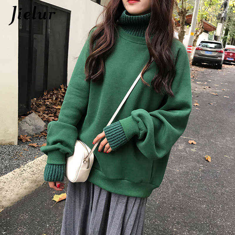 Jielur Korean Style Oversized Hoodies Female Winter False Two Pieces Turtleneck Women's Sweatshirt Loose Thick Fleece Pullovers 211109