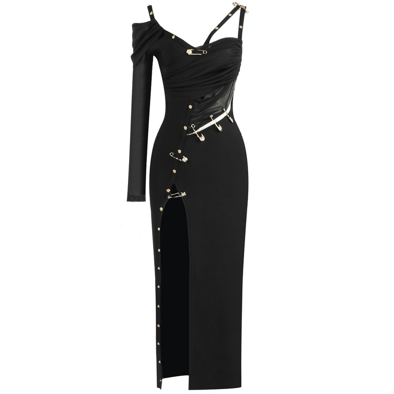 High Quality Black Long Sleeve One Shoulder Open Fork Rayon Bandage Dress Cocktail Party Bodycon Dress 210303