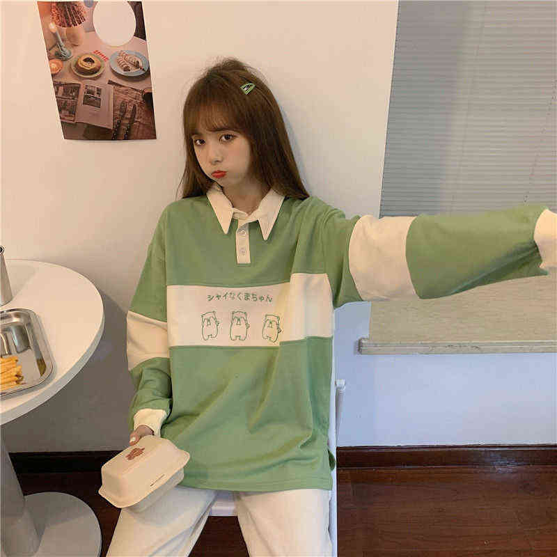 Vintage POLO Collar Letters Print Oversized Sweatshirt Women Girls Harajuku Autumn Korean Kawaii Clothes Pullovers 211108