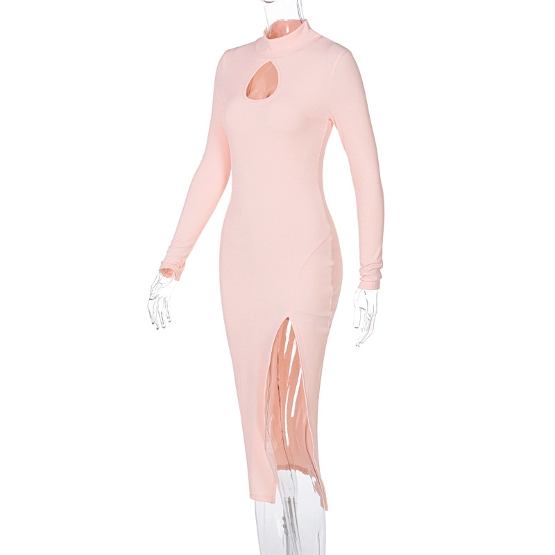 Europe and the United States spring hollow round neck long sleeve split dress women's wear strawberry dress 210602