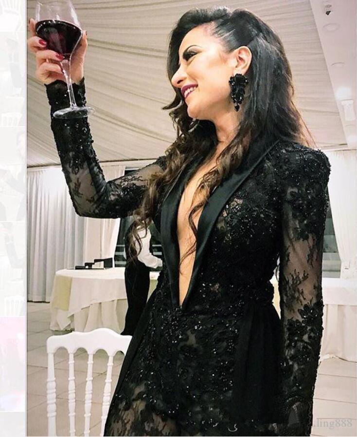 Sexy Deep V Neck Jumpsuit Evening Dresses with Detachable Train Lace Appliqued Beaded Black Formal Party Gowns Prom Dress Pants Suits