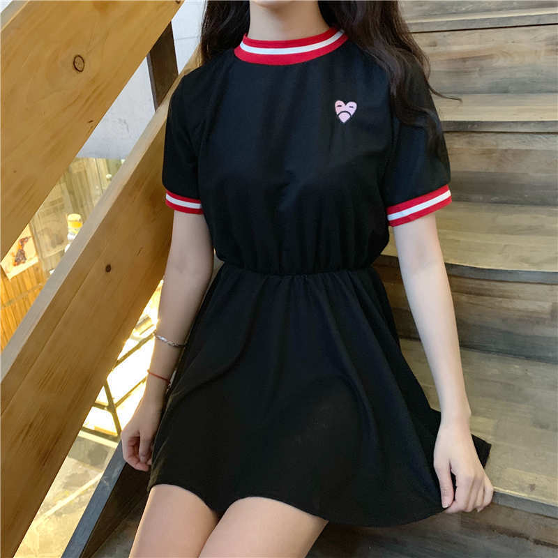 Women's Lovely Sweet Dress Japan Style Kawaii Ulzzang Cute Love Embroidered Vestidos Female 2020 Girls Korean Harajuku Dresses C0304
