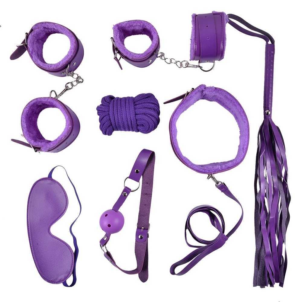 10 Pcs/set Sexy Lingerie PU Leather bdsm Bondage Set Hand Cuffs Footcuff Whip Rope Blindfold Erotic Toys For Couples 211013