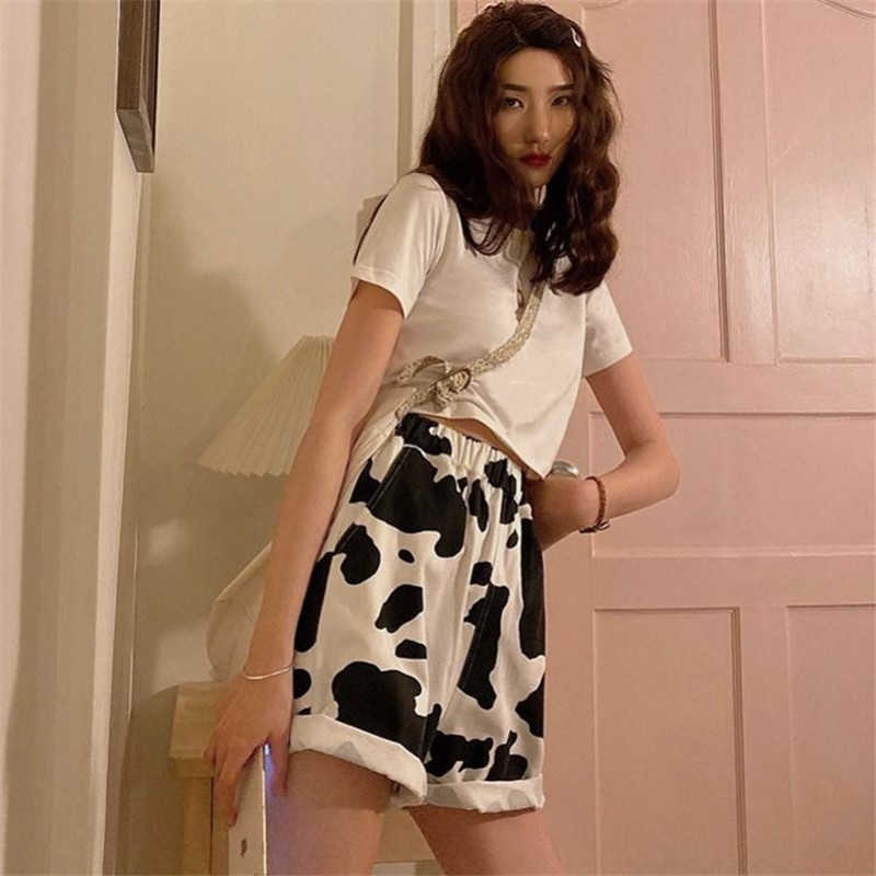 Harajuku Korean Style Streetwear Cow Print Sport Shorts Joggers Women Sweatpants Straight Elastic High Waist Wide Leg Shorts 210611