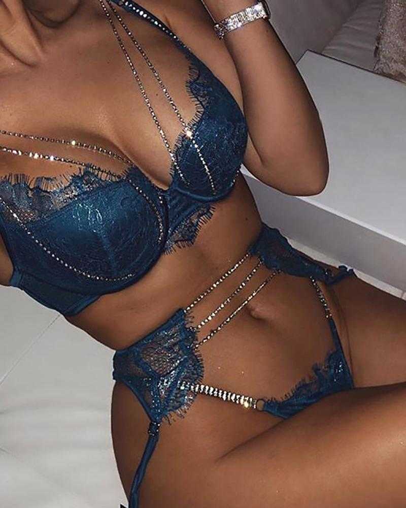 Women Sexy brassiere Set Female Lace Eyelash Chains Spaghetti Strap Bra Sets 210716