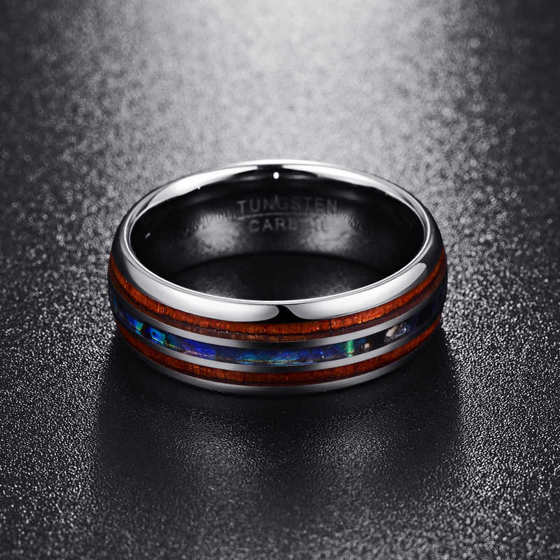 silver color koa wood abalone inlay high polish 8mm width 100% genuine wedding band elegance tungsten carbide rings for men 210701