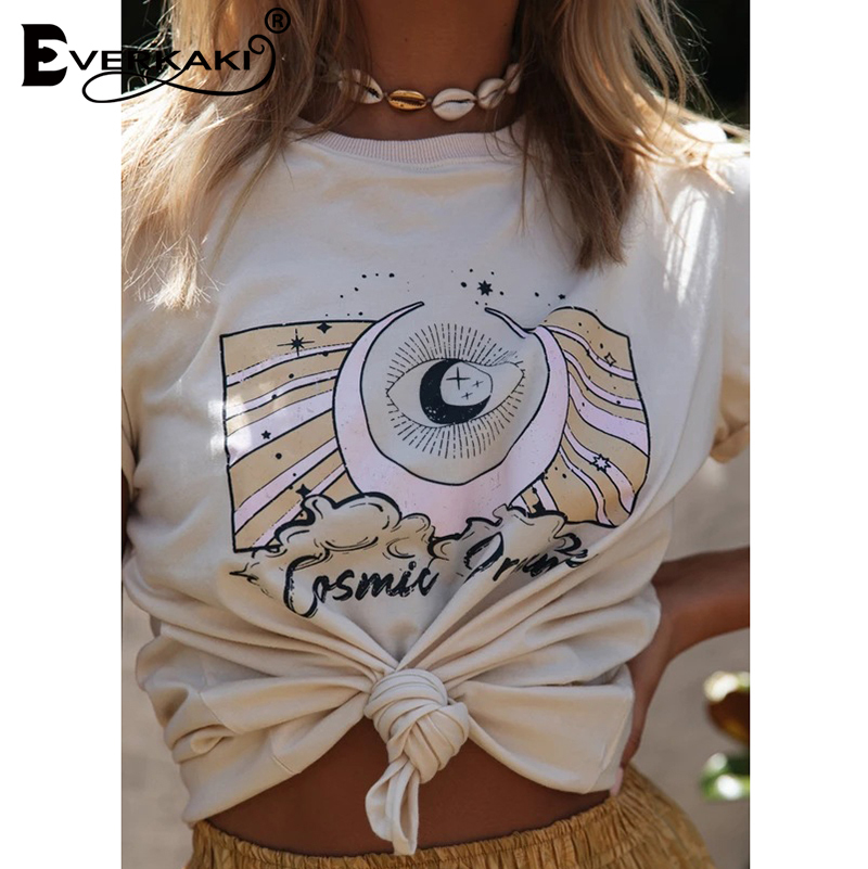Everkaki T-shirt Top Women Boho Print Retro Summer Tees Gypsy Ladies Vintage Tops T-shirts Casual Female Spring New 210306