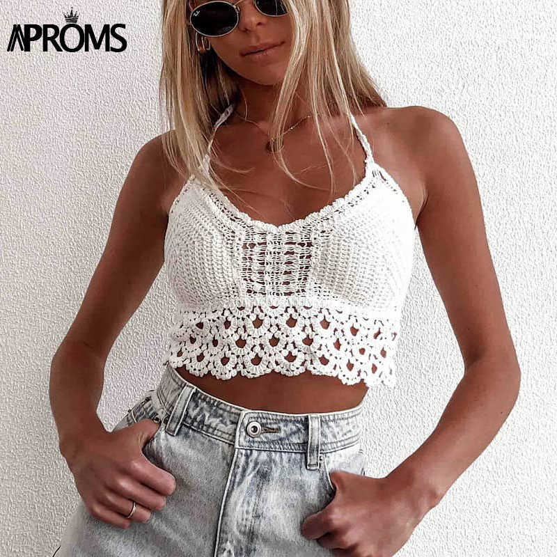 Aproms Boho White Lace Tassel Knitted Camis Women Summer Sexy Backless Hollow Out Beach Tank Tops Casual Halter Crop Top 210625