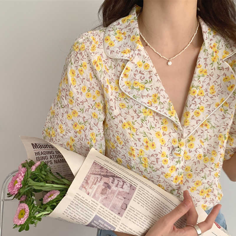 LY VAREY LIN Summer Women Casual Turn-down Collar Floral Short Shirts Tops Sweet Single Breasted Puff Sleeve Loose 210526