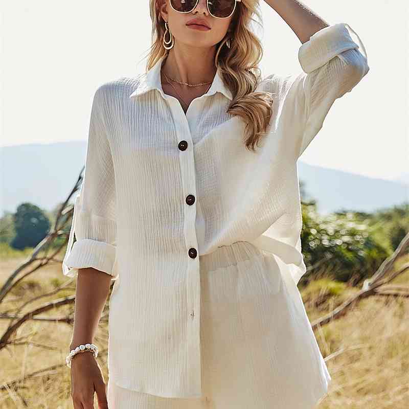 Spring Summer Two Piece Set Tracksuit Casual Outfit Suits Women White Shirt Blouse Tops Cotton Linen Shorts Pants 2 Piece Sets 210707
