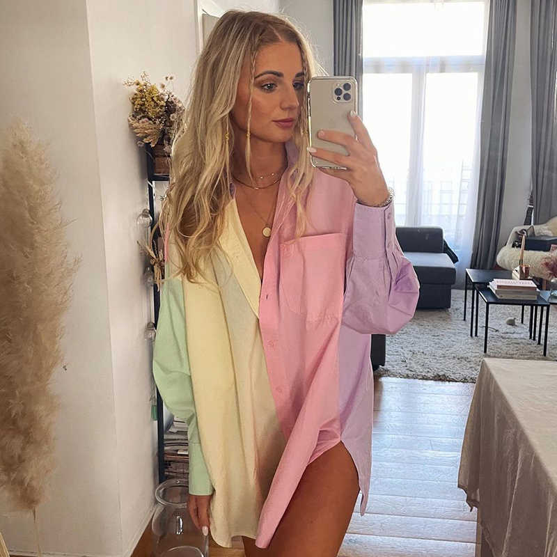 Vintage Women Patchwork Poplin Loose Shirts Summer Fashion Ladies Casual Shirt Party Female Chic Oversize Tops Stylish 210527