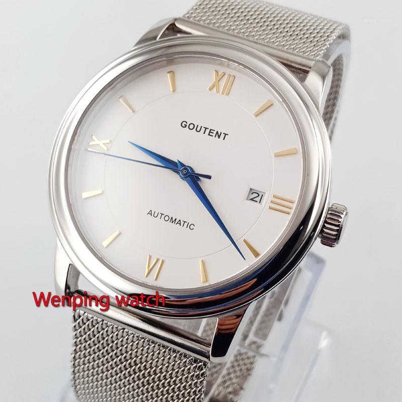 40mm Men Watches Goutent White Dial Automatic Self-Wind Movement Date Blue Hands Little Mechanical W2829 Wristwatches, Dial with logo
40mm Men Watches Goutent White Dial Automatic Self-Wind Movement Date Blue Hands Little Mechanical W2829 Wristwatches, Dial with logo