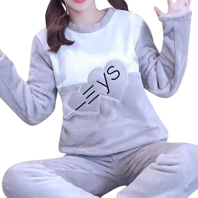 Winter Flannel Thicken Pajamas Set for Women Long Sleeve + Long Pants Casual Loose Warm Soft Sleepwear Loungewear 2Pcs Pjs 210924