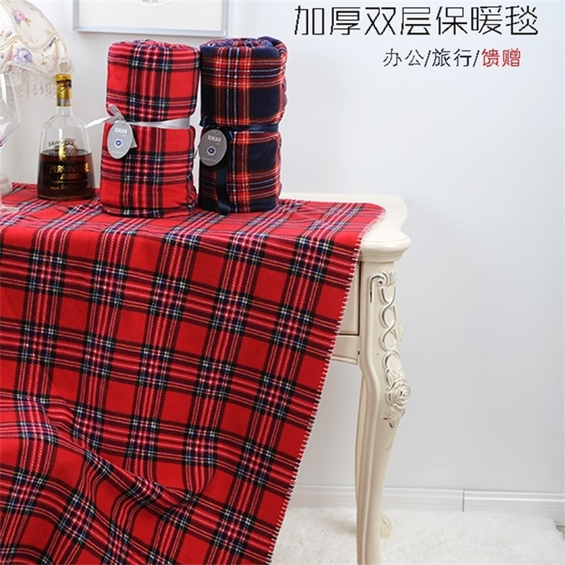 160X130cm Scottish grid red plaid 2 l layers coral fleece office nap kids thick bed spread sofa throw blanket 210309