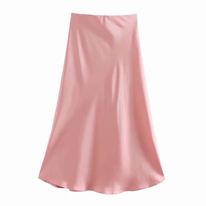 Solid Satin Elastic waist Women Midi Skirt New Fashion Casual Lady Slim A-Line Skirts P1596 210306