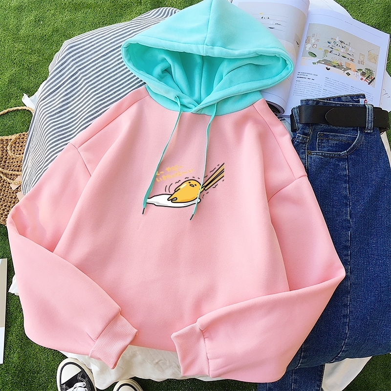 Autumn Hoodies Sweatshirts Women Kawaii Cartoon Gudetama Printed Drop Shoulder Long Sleeve Harajuku Fleece Pullovers Hooded Y200107