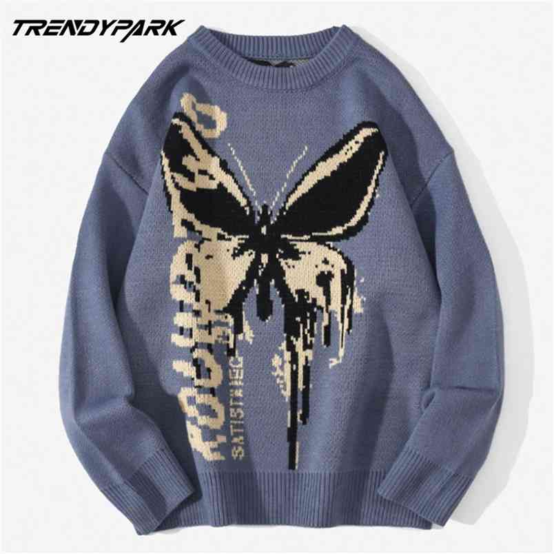 Hip Hop Knitwear Mens Sweaters Harajuku Fashion Butterfly Male Loose Tops Casual Streetwear Pullover Sweaters 210818