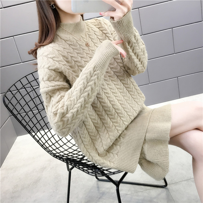 Women's Autumn Winter New Twist Woven Knit Sweater Set Loose Oneck Long Sweater Ruffled Knit Mini Skirt Twopiece ML240 201102
