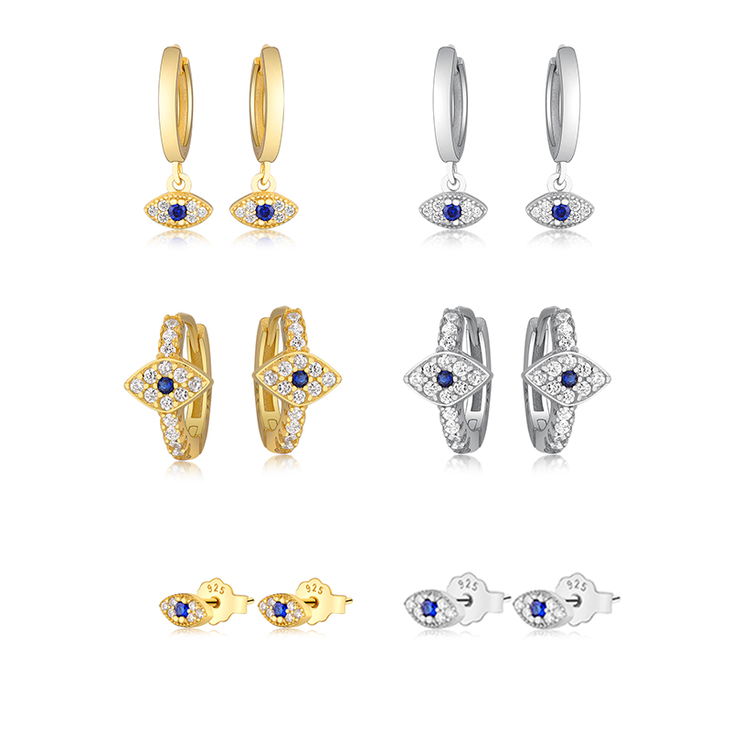 Authentic 925 Sterling Silver Mini Blue Zircon Evil Eyes Stud Earrings for Women Girls Fine Jewelry Gift Moda Bijoux