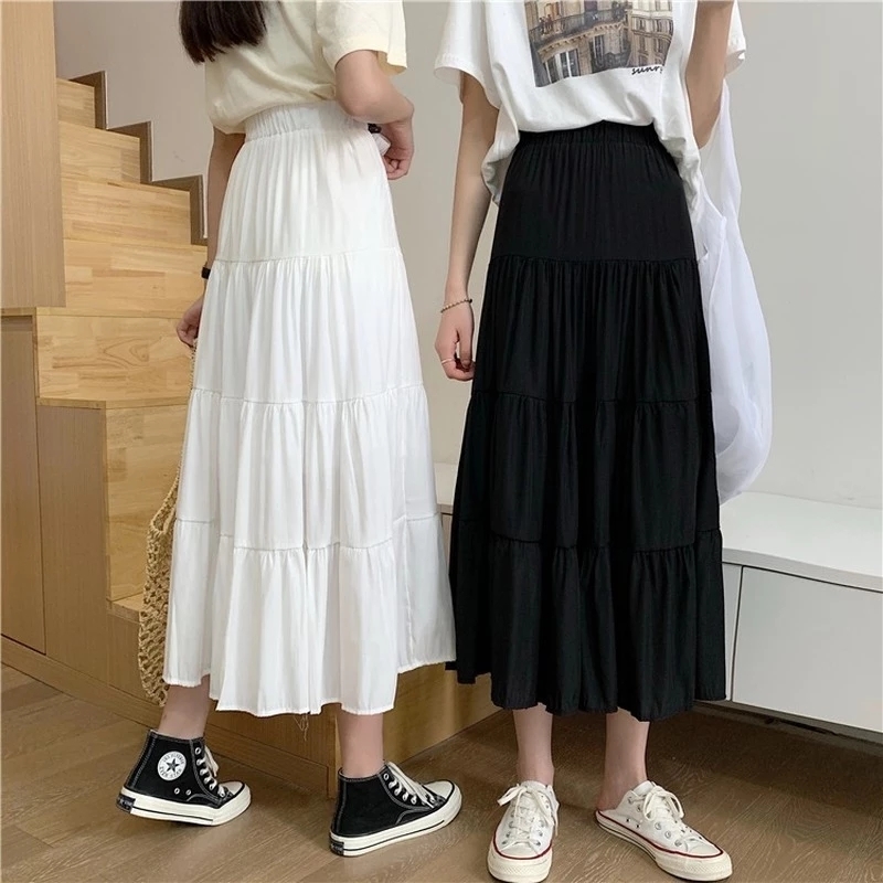 Spring Summer Women Chiffon Skirts Vintage High Waist Elastic Patchwork White Black Chic Long Cake Aline Skirt for Student 210306