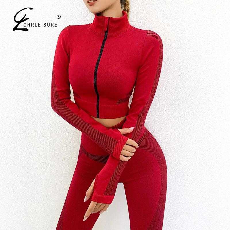 CHRLEISURE Women 2 Piece Set Tracksuits Fitness Long Sleeve Crop Top Solid Workout Leggings Female suit 211007