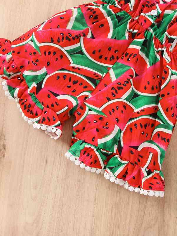 Baby Watermelon Print Bow Front Ruffle Hem Cami Romper SHE