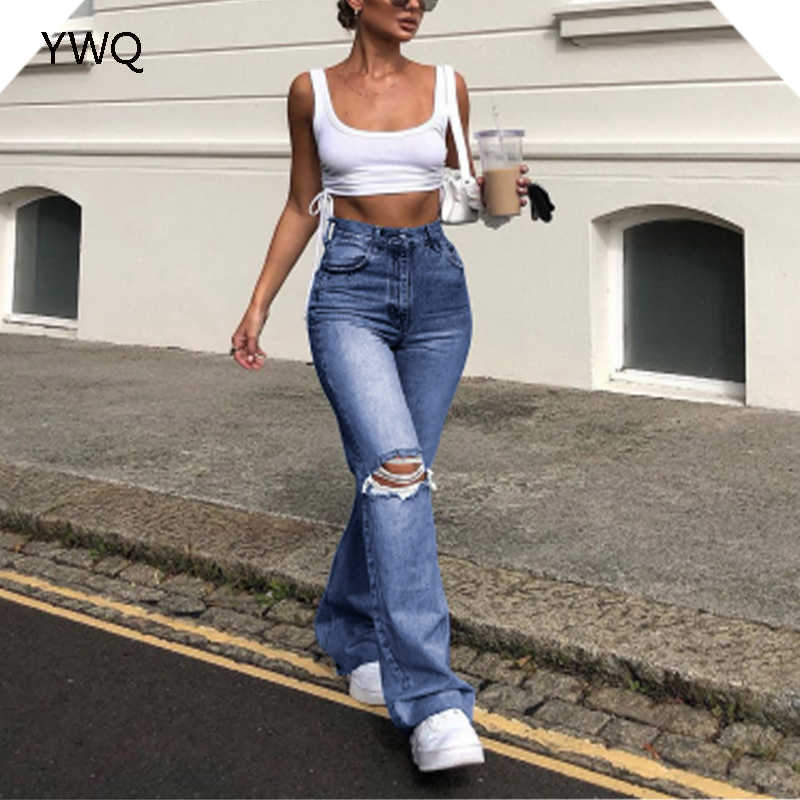 Y2k Hollow Out Women Bell Bottoms Ripped Jeans Zipper Mom High Waist Chic Flared Denim Pants Wide Leg Female Hole Trousers 210809