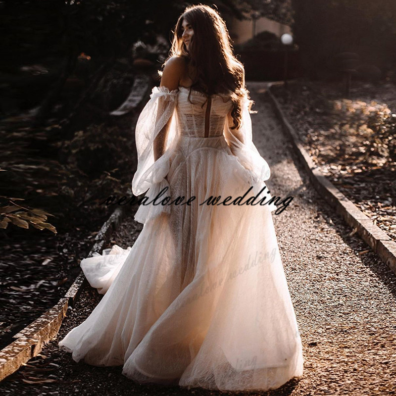 Robes de mariée Country Garden Wedding Dress Long Sleeves Soft Sequins Lace Bridal Gowns Sweep Train Bride Gowns for Women