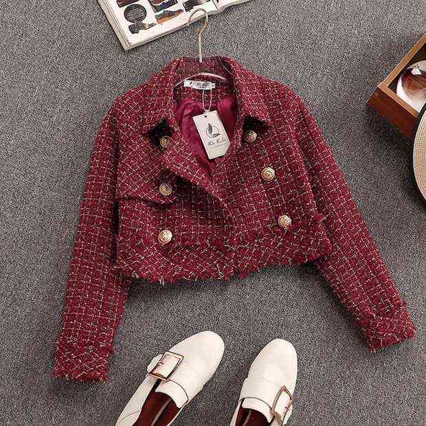 Autumn Winter Women Gold Double-breasted Tweed Short Jacket Coat + Bodycon Skirt Suit Tassels 2PCS Clothing Set Red Plaid 211106