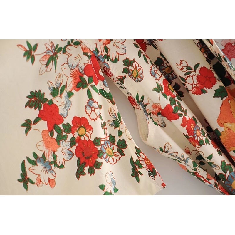 BOHO Location Floral Print Long Kimono Shirt Beige Hippie Women Lacing up Tie Bow Sashes Long Cardigan Loose Blouse Tops Holiday 210225