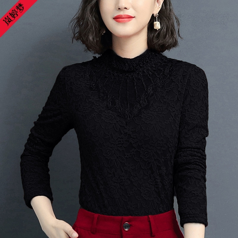 Elegant Feminine High Neck Lace Bottom Blouse & Shirt Women Long Sleeve Tops Warm Shirt Plus Size 4XL 210225