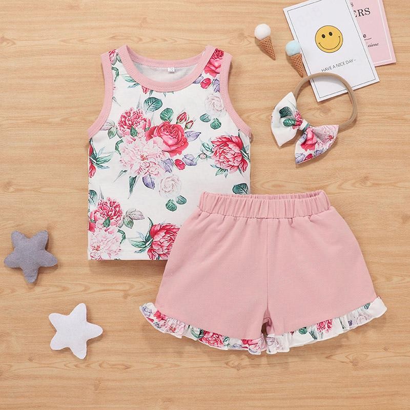 Baby Girls Shorts Suits Infant Floral Vest Toddler Flower Printed Tops Elastic Splice Lace Shorts Kids Casual Outfits With Headband