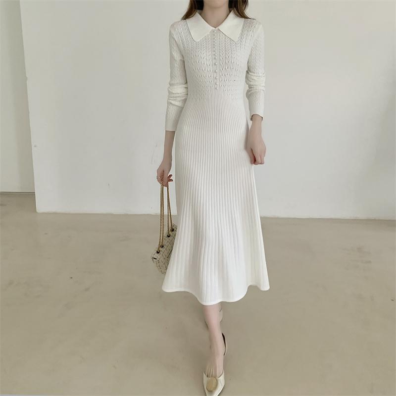 Casual Dresses Women Long Sleeve Knitted Midi Collar Slim Waist Elegant A-Line Vestidos Femme Fashion White Black Clothes
Casual Dresses Women Long Sleeve Knitted Midi Collar Slim Waist Elegant A-Line Vestidos Femme Fashion White Black Clothes