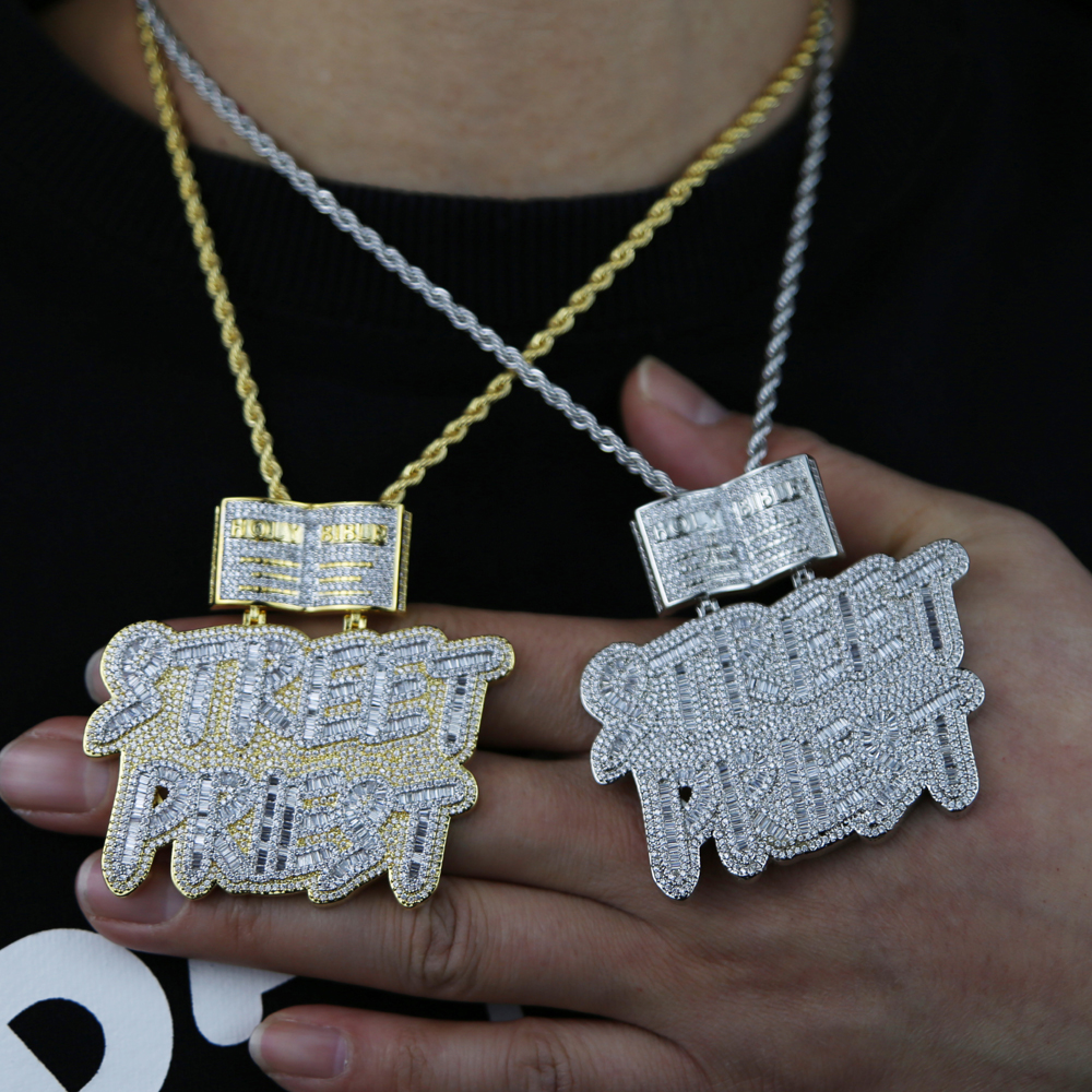 Iced out Women Men Full cubic zircon paved silver color letter stkeet pkiest charm pendant Necklace For punk Hip hop Jewelry wholesale