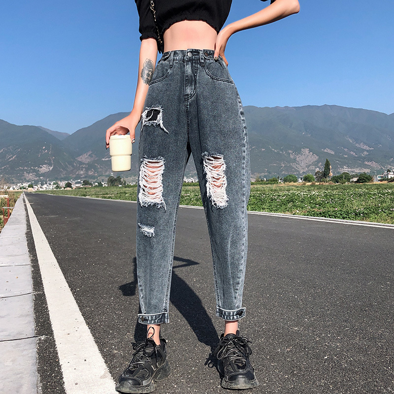 Plus Size Boyfriend Destroy High Waisted Harem Loose Style Ripped for Women Casual Distressed Jeans 210302