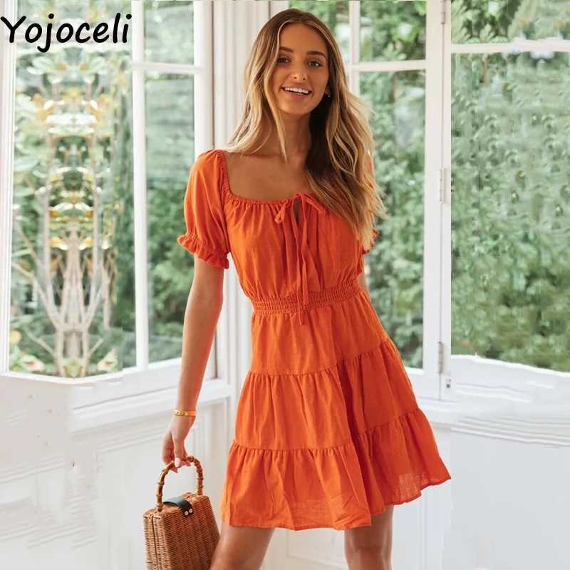 Yojoceli Elegant ruffle pleated short dres Summer sexy beach bow Casual cool cute daily vestidos 210609