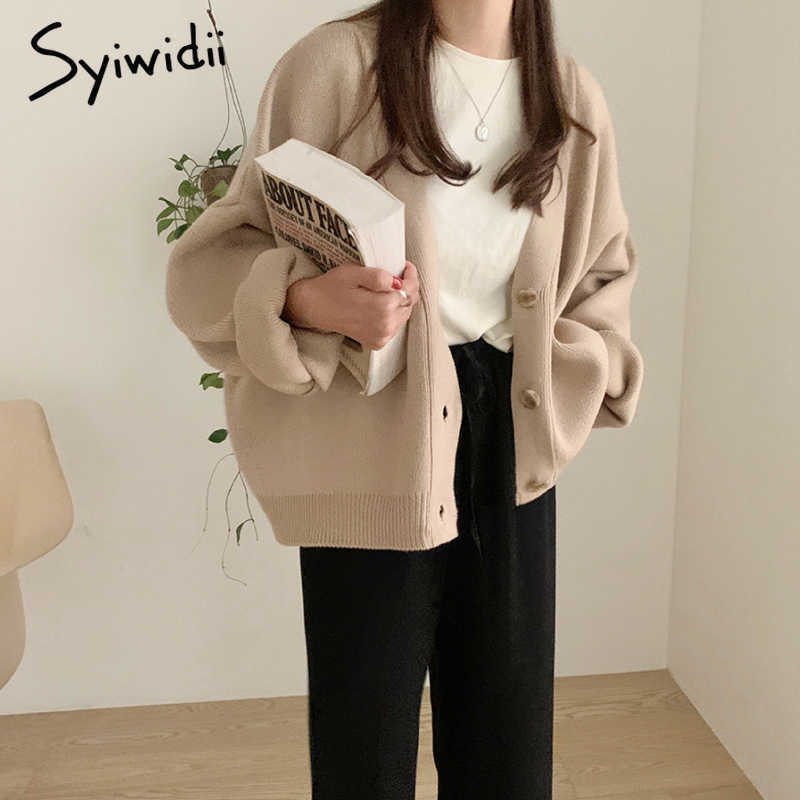 Syiwidii Oversized Knitted Cardigans Women Harajuku Brown Sweater Autumn Winter Korean Tops Casual Vintage Black Warm Coat 210914