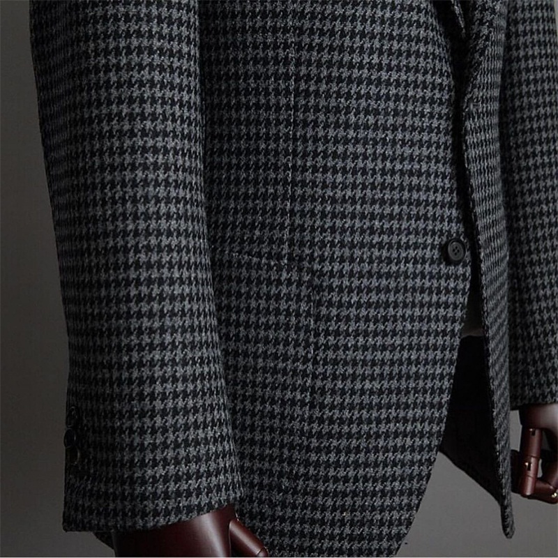 Houndstooth Men Suits Grey Custom Made Men Jacket Handsome Double Breasted Tuxedos Peaked Lapel Blazer Foamal Business Coat