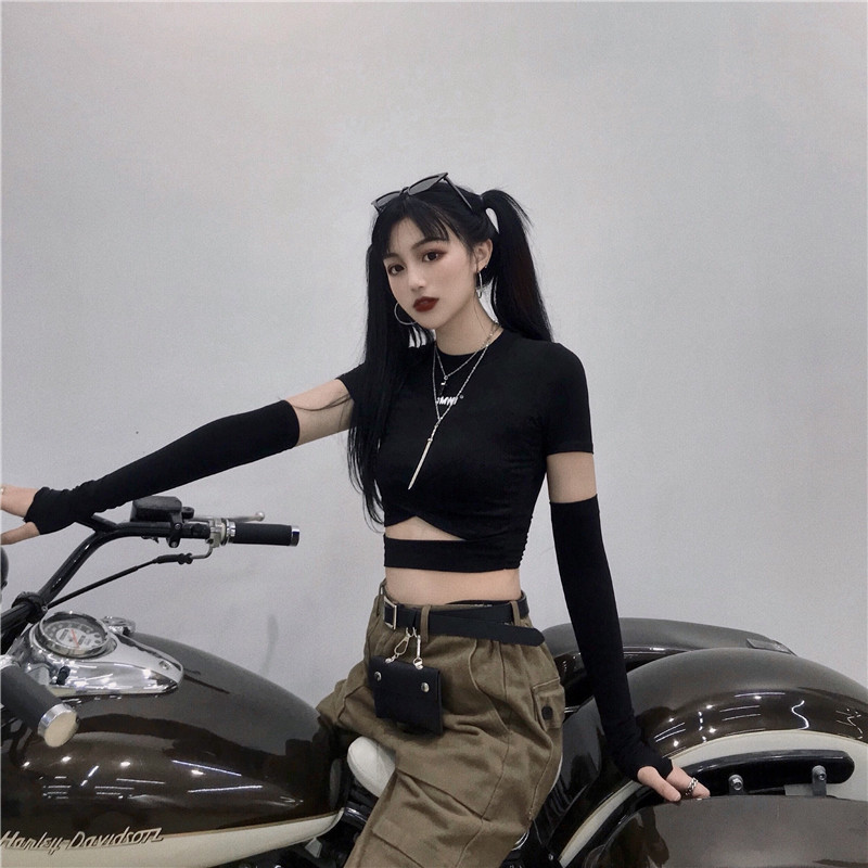 InsGoth Black Tee Women Bodycon Crop Top T-shirts Gothic Streetwear Letter Print Short Sleeve Sexy Female T-shirts Tops T200512