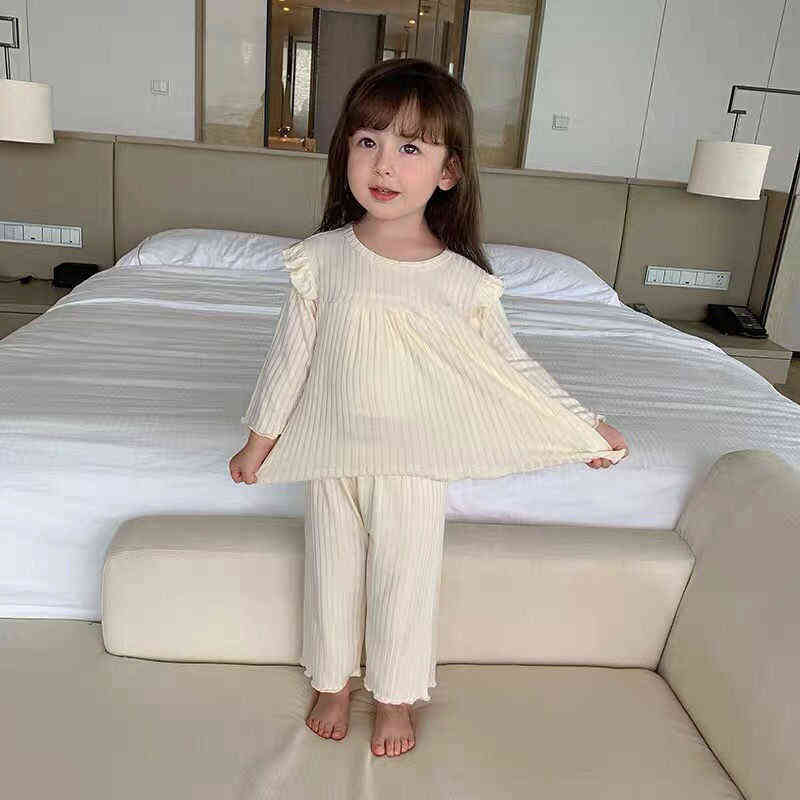 Baby Girls Pajamas Set Sweet Spring Autumn Soft Loose Ruffled Ribbed Pullover Two Piece Home Wear Infant Toddler Clothing 211105