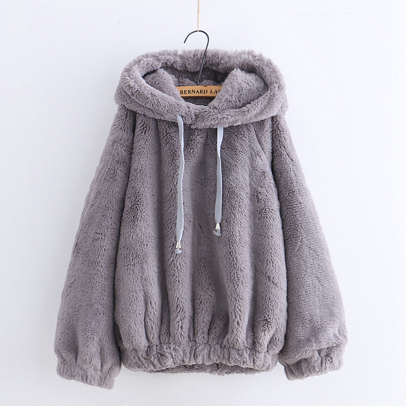 Harajuku Kawaii Plush Hoodie Soft Winter Pullover Women Sweatshirt With Bear Ears Cute Solid Outerwear Hoodies sweatshirts 201112