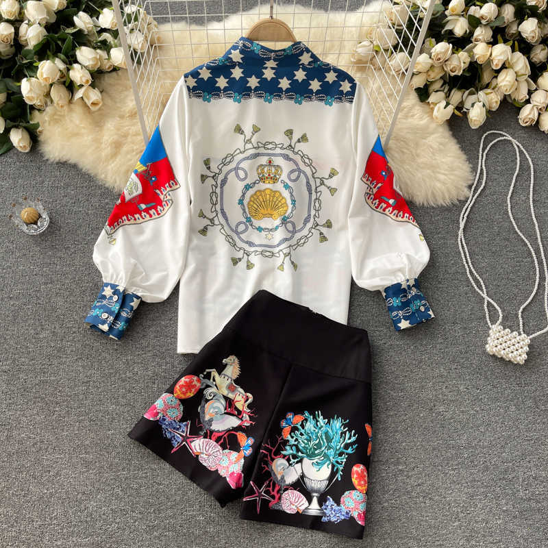 DEAT Women Printing Lapel Puff Sleeve Shorts Arrivals Two Piece Set Fashion Temperament Spring Summer 11D589 210709